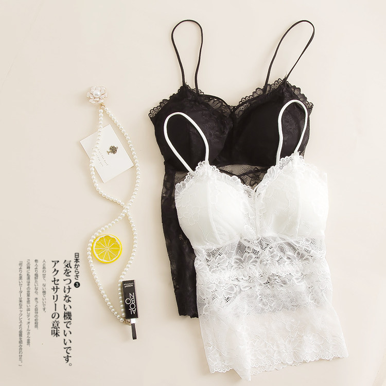 Summer white anti-walking lace long sexy, beautiful wrapped chest pad steel-free lingerie lace hanging vest