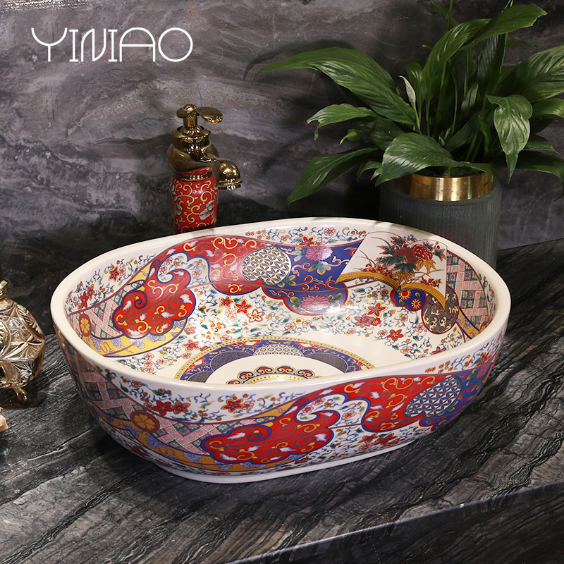 Ceramic art basin on its square Europe type lavatory toilet lavabo, marble platform basin oval