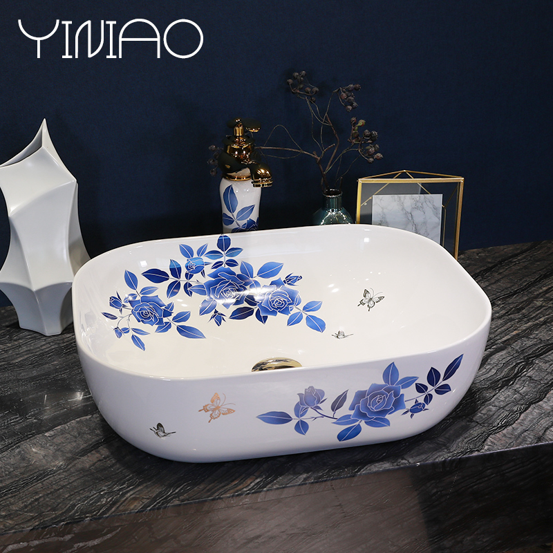 Simple fashion stage basin ceramic lavabo blue roses lavatory oval face basin bathroom art basin