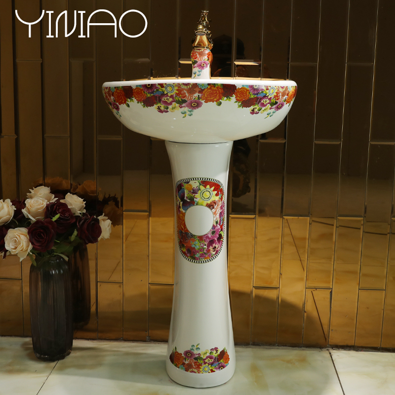 Ceramic floor pillar basin one - piece basin art lavabo balcony column type lavatory girls, flowers and birds