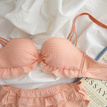Japanese sweet fungus lace underwear women chiffon wrinkled texture without steel ring in thin half cup seamless bra set