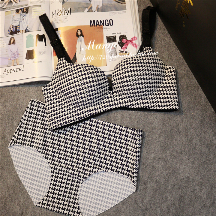 Cô gái không có vòng thép houndstooth bột đen một mảnh đồ lót liền mạch điều chỉnh loại tập hợp áo ngực thoải mái đồ lót nữ cao cấp