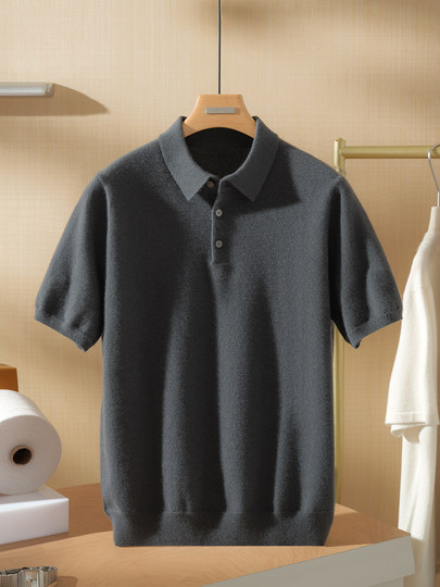 Polo Collar 100% Pure Cashmere Sweater Short-Sleeve T-Shirt Men's Spring and Autumn Short Pullover Half-Sleeve Knitwear Loose Fit