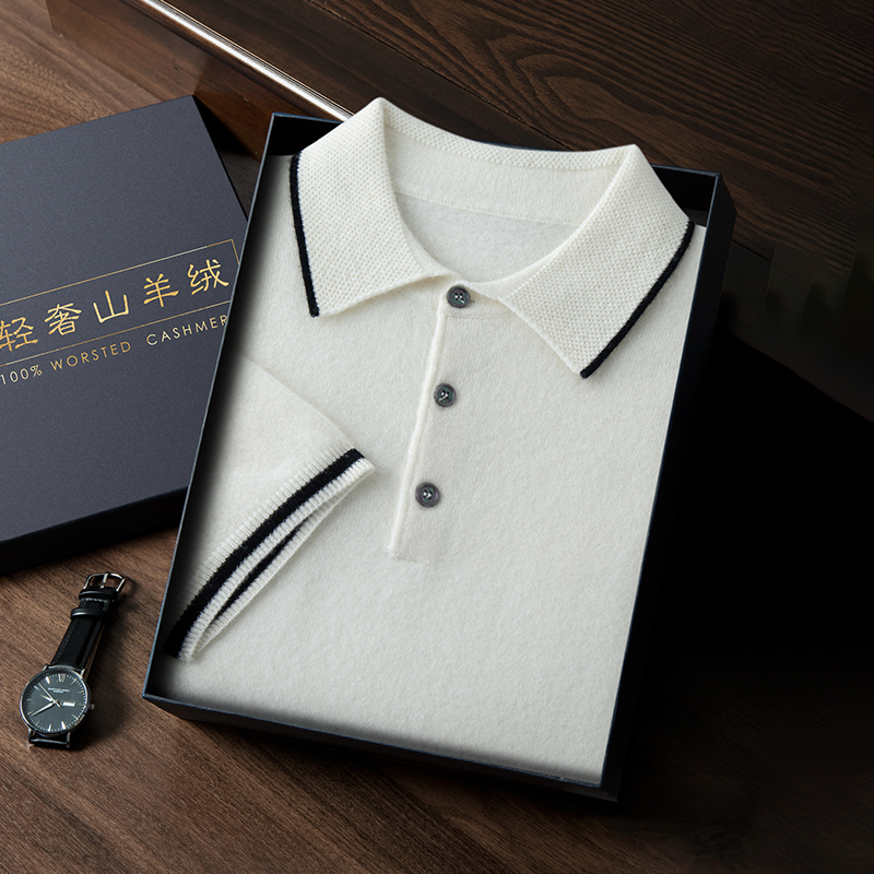 高級秋冬カシミヤ半袖カシミヤセーターメンズファッションコントラストカラー半袖ポロシャツラペルTシャツニットセーター