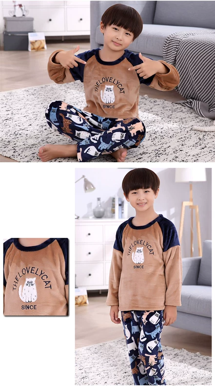 Đồ ngủ trẻ em 3 bé trai mùa đông dày flannel bé trai 11 mẫu lớn mùa xuân và mùa thu dày 15 tuổi đồ lót nam cao cấp