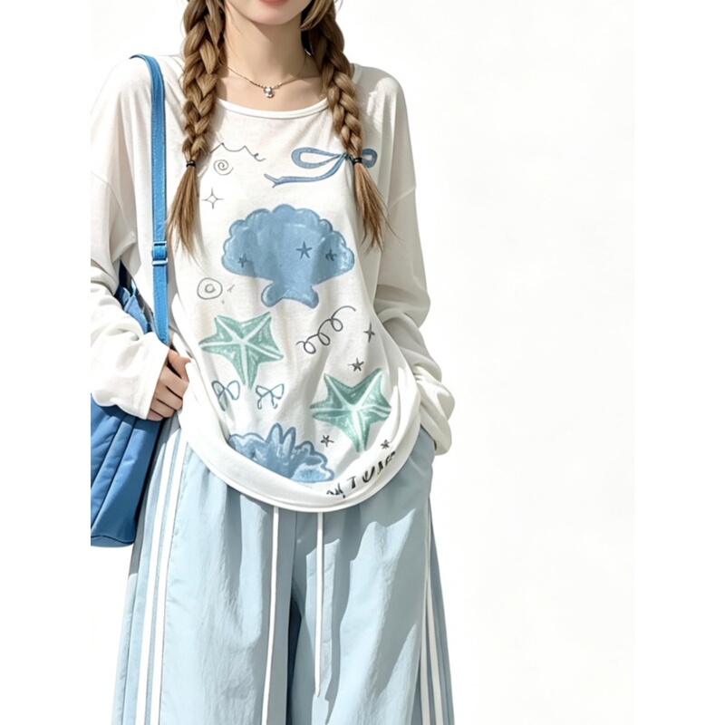 Sweet and Cute Style Striped Cartoon Print Long-Sleeved T-Shirt for Women, Loose Round Neck Bottoming Shirt, Sun Protection Vacation Cover-Up Ins Sweet and Cute Style Striped Cartoon Print Long-Sleeved T-Shirt for Women, Loose Round Neck Bottoming Shirt, Sun Protection Vacation Cover-Up Ins