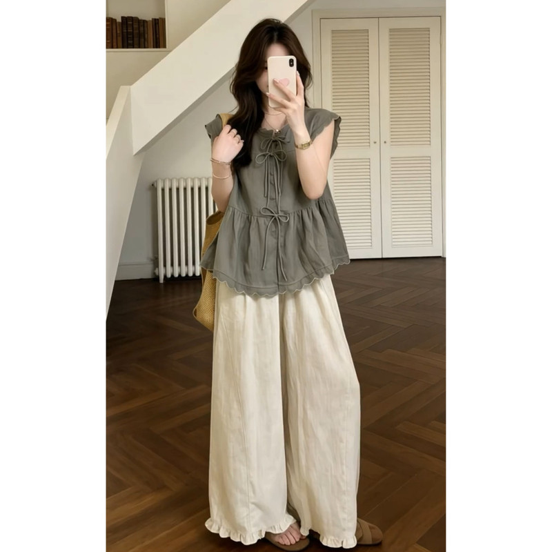 Summer Outfit for Women 2026 New Korean Style Age-Reducing Lace-Up Ruffled Blouse with Wide-Leg Pants Two-Piece Set