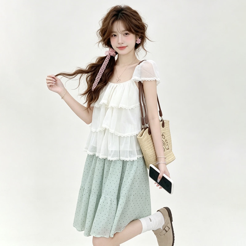 Sweet Style Suit for Women, Summer Forest Style Girl Lace Splicing Cake Doll Shirt, Polka Dot Skirt Two-Piece Set