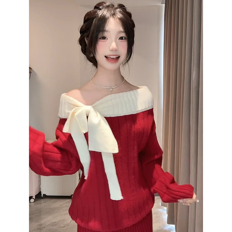Christmas and New Year Red One-Shoulder Knitted Hip-Hugging Dress for Women, Autumn and Winter Design, Bow-Knot Off-Shoulder Sweater Dress Christmas and New Year Red One-Shoulder Knitted Hip-Hugging Dress for Women, Autumn and Winter Design, Bow-Knot Off-Shoulder Sweater Dress