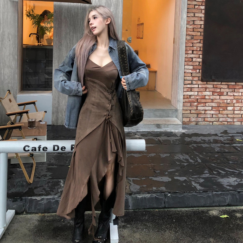 Maillard Brown Asymmetrical Suspender Dress Women's Early Autumn Dress for Northwest, Sichuan, Xinjiang, Desert and Grassland Long Dress