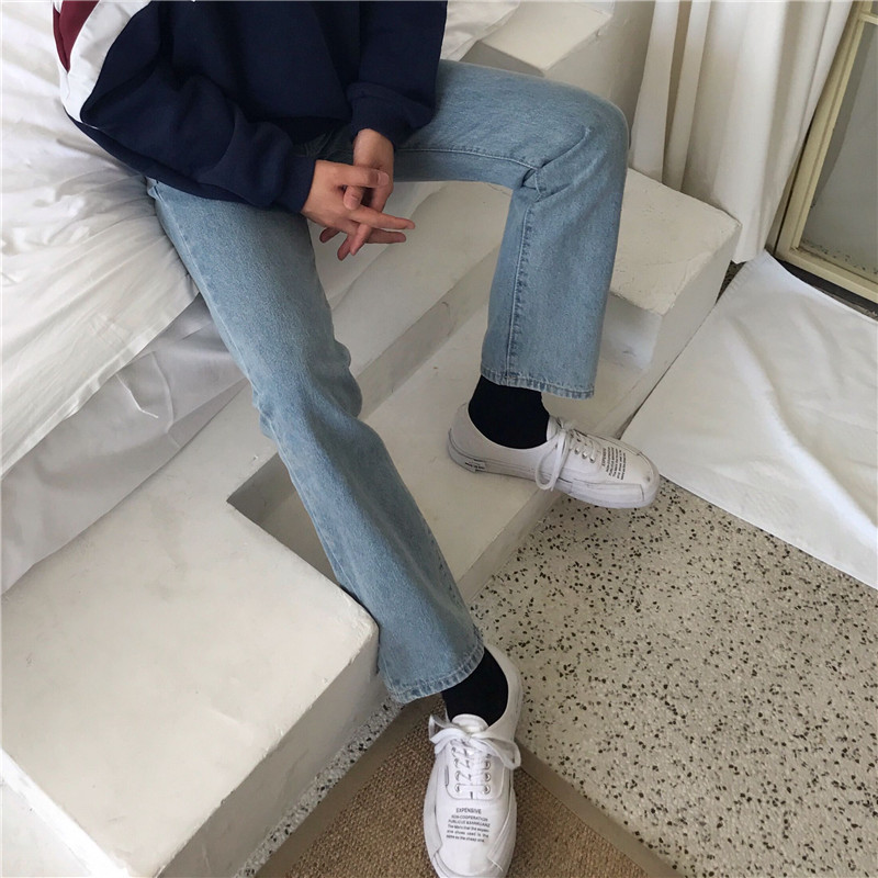 NM/基本主推百搭款 (送链子）水洗浅蓝色休闲 直筒宽松牛仔长裤男