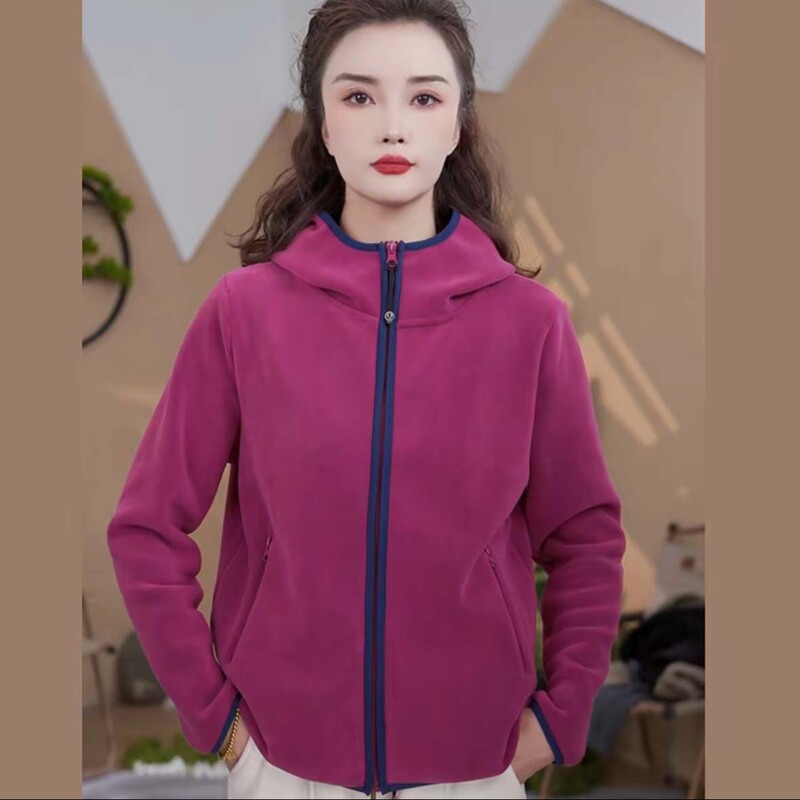 Women's Autumn and Winter Fleece Jacket Casual Simple Warm Double-Sided Fleece Cardigan Hooded Fleece Sports Sweatshirt Winter