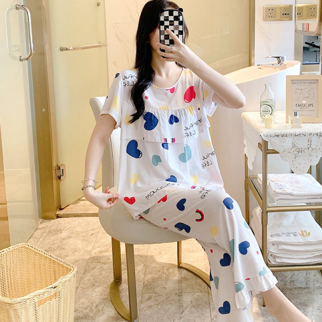 2024 New Cotton Silk Pajamas Women's Summer Thin Short-Sleeved Pants Set Loose Korean Style Fresh Anti-Bump Home Clothing