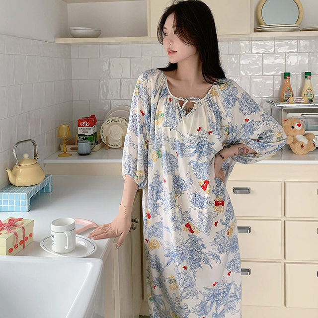 Nightgown ສໍາລັບແມ່ຍິງ Summer ບາງຫາດຊາຍຍາວ Skirt ຝ້າຍ Silk Pajamas Spring and Autumn Ladies Resort Style Cotton Silk Home Clothing Large