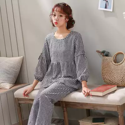 Pajamas women Spring and Autumn Winter cotton long sleeve suit cardigan Korean version of simple students cotton woven plaid home clothing
