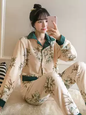 Coral velvet pajamas ladies winter thick warm home clothing long sleeve flannel spring and autumn cardigan student suit