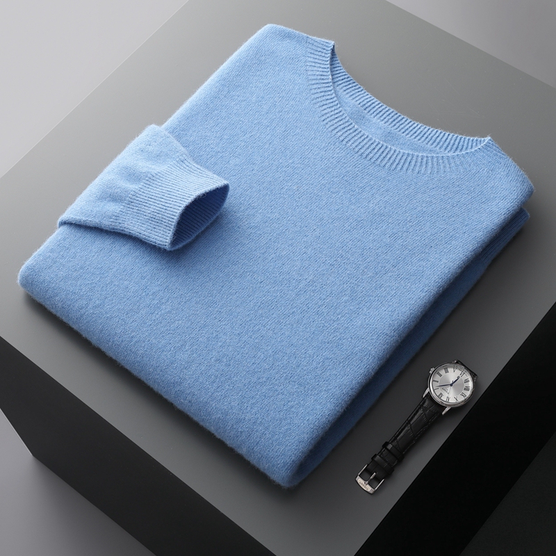 Seamless One-Piece Autumn and Winter Men's 100% Wool Sweater Round Neck Knit Base Layer Sweater