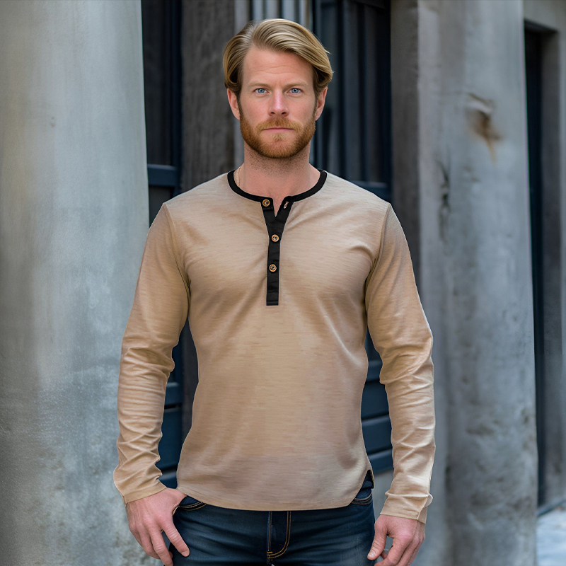 Foreign Trade Ebay European Size 2023 Autumn New Men's Color-Blocked Henry Collar Long-Sleeve T-Shirt T-Shirt for Men
