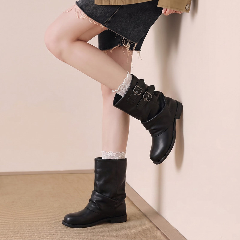 Genuine Leather Black Short Boots for Women, 2026 New Autumn Style, Western Cowboy Martin Boots, Chunky Heel, Slouchy Riding Boots