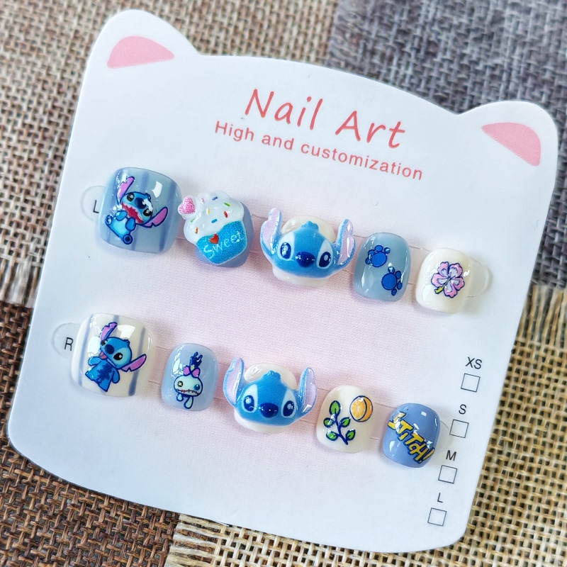 Children's Nail Art Cartoon Stitch Character, Anti-Biting Nail Stickers for Kids, Handmade Wearable Nails for Ages 3-6-12