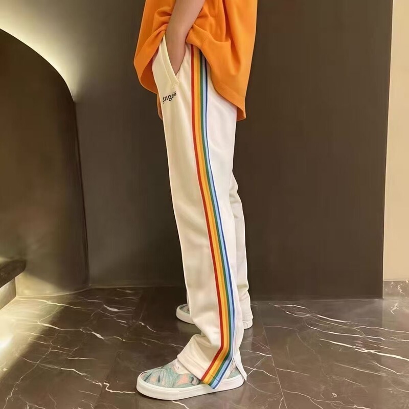 Summer Versatile Casual Pants with Rainbow Side Stripes, High Street Style Sweatpants with Side Zipper Stripes, Unisex Straight-Leg Sports Pants