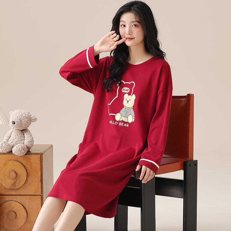 Extra Large Size Long-Sleeved Nightgown for Women in Spring and Autumn, Plus Size 100kg Red, Zodiac Year, Pure Cotton, Mid-Length, 5XL