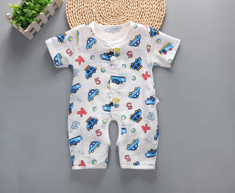 Mùa hè nam giới và phụ nữ bé ngắn tay jumpsuit bông gạc trẻ sơ sinh mở đập vỡ quần áo đồ ngủ haber 0-2 tuổi