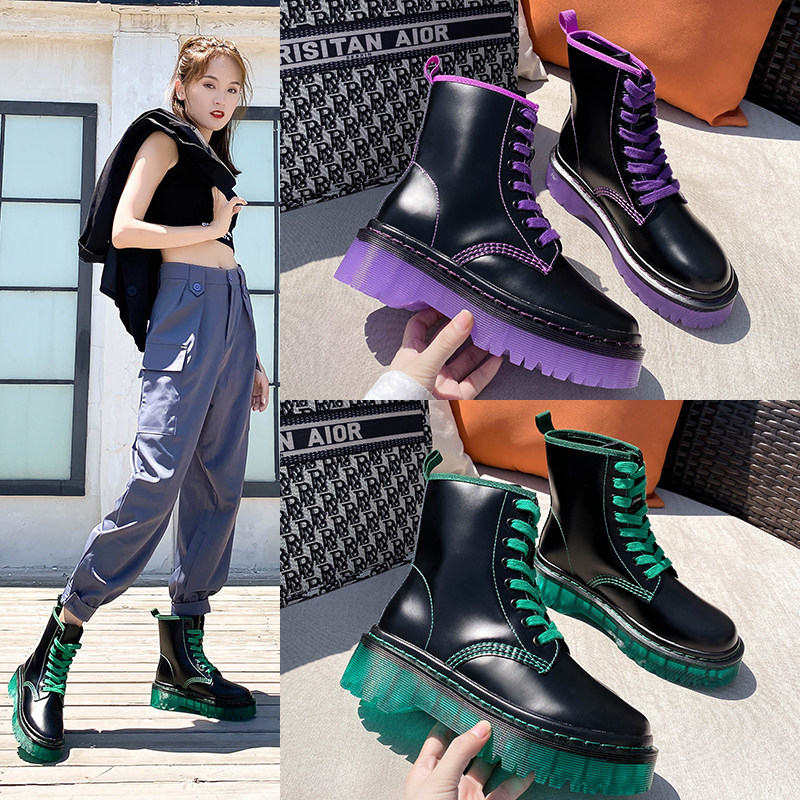 Candy Color Chelsea Short Boots Women's Winter Plus Velvet Crystal Leather Thick Sole Muffin Purple Martin Boots British Style Green - Taobao