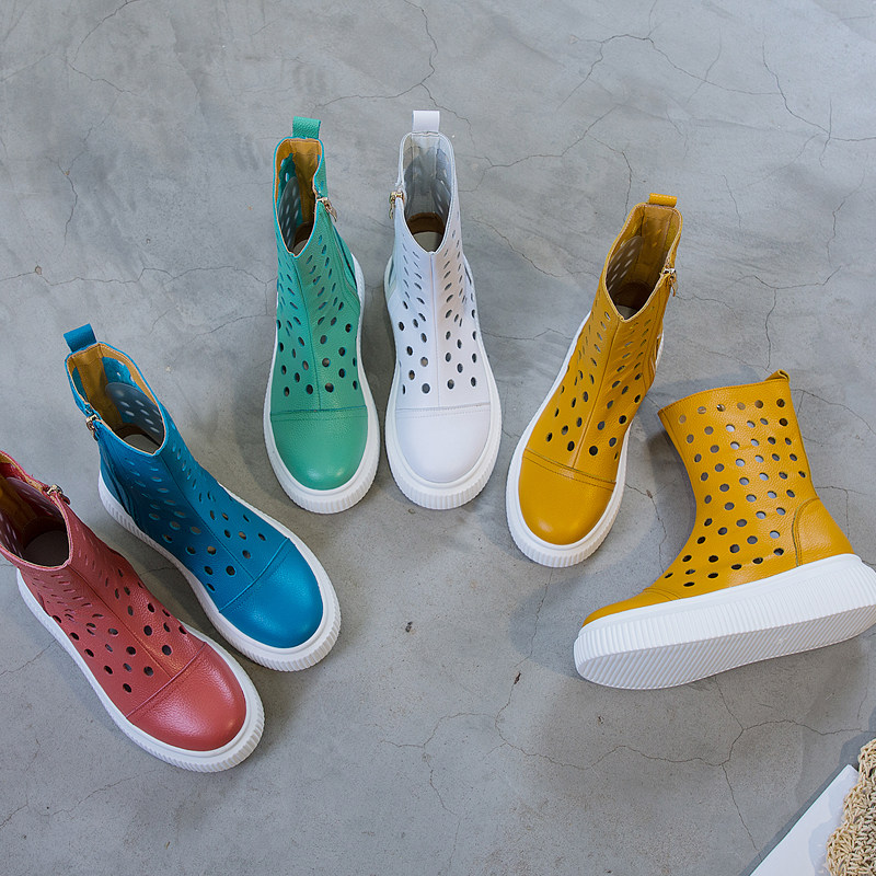 Leather hollow net boots cool boots women's 2022 summer new breathable thick-soled sponge cake hole short boots white Martin boots