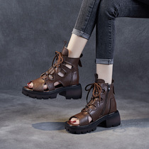 夏季马丁靴女透气真皮网靴镂空网面松糕厚底牛皮百搭凉靴短靴靴子