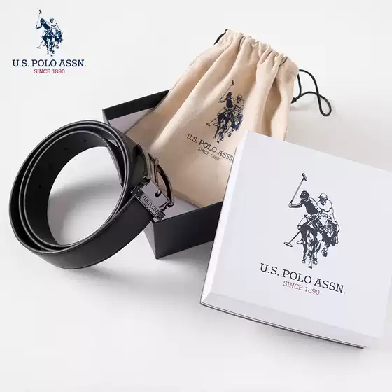 Uspoloassn American Polo Association Men's First-Layer Cowhide Leather with Lychee Pattern Simple Business Belt