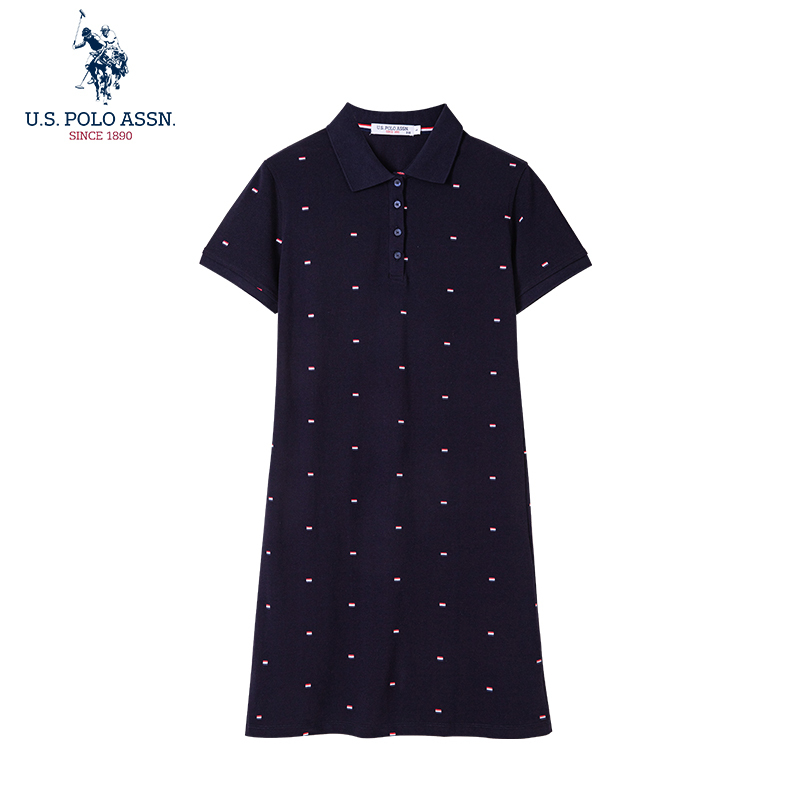 Uspoloassn American Polo Association Summer Women's Pure Cotton Short-Sleeve Dress with Turn-Down Collar and Full-Print T-Shirt Dress