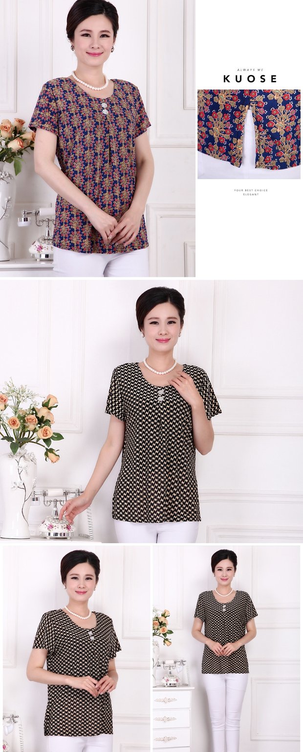 Váy trung niên mùa hè phần mỏng size mẹ đầm ngắn tay áo thun nữ sơ mi rộng tay ngắn màu lụa sữa áo thun đầm u40 sang trọng