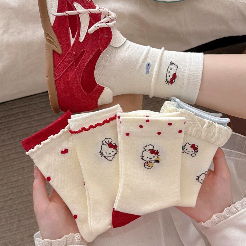 Girls' Socks for Spring and Autumn, New Cute Cartoon Hello Kitty Academy Style Mid-Tube Socks for Older Children and Students, Slouch Socks