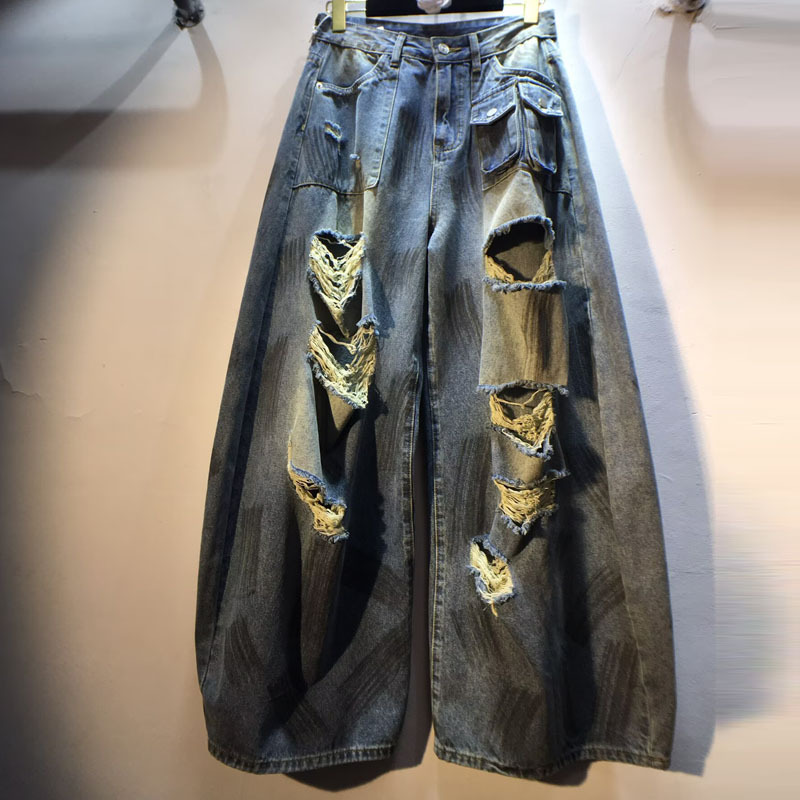 European Station 2026 Summer New High-Waisted Slimming Painted Graffiti Ripped Wide-Leg Straight Jeans Long Pants Women's Pants
