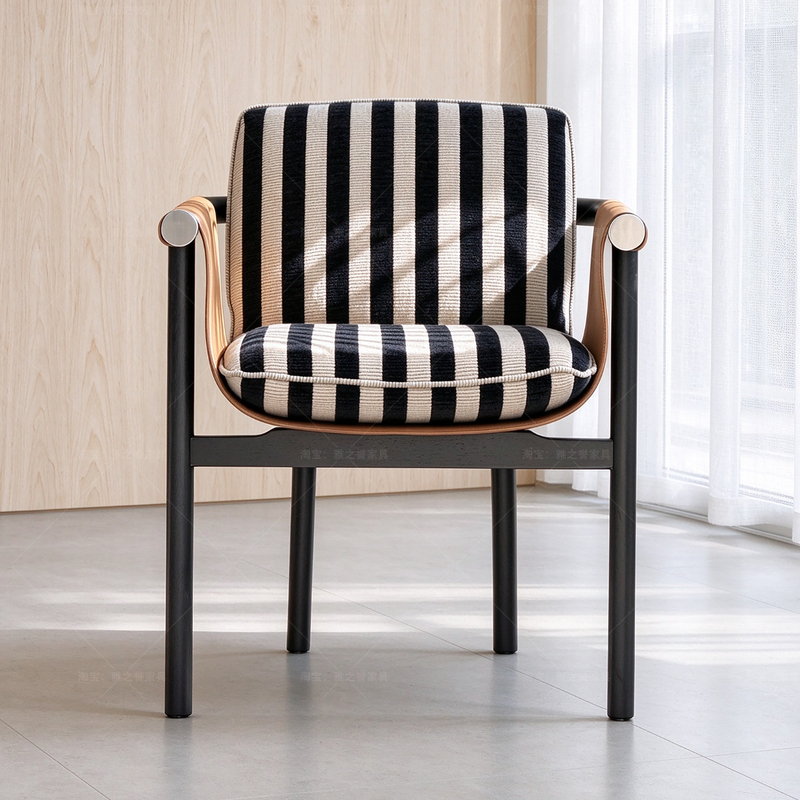 Italian-Style Light Luxury Dining Chair with Ash Wood Solid Wood Frame, Saddle Leather Armrests, Modern Minimalist Striped Fabric Backrest Chair