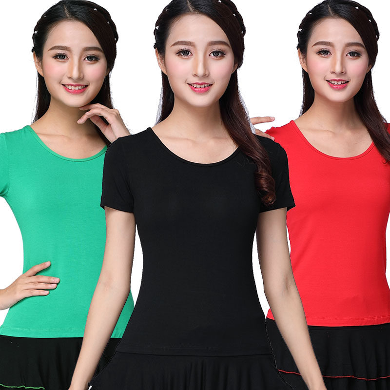 Square Dance Costume Short Sleeve Round collar Modale pure color blouses Latin dance suit Sport practice Dancing Clothes Summer