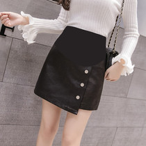 Pregnant woman skirt womens autumn and winter 2019 new fashion mom a-word hip PU leather short skirt thin button skirt black