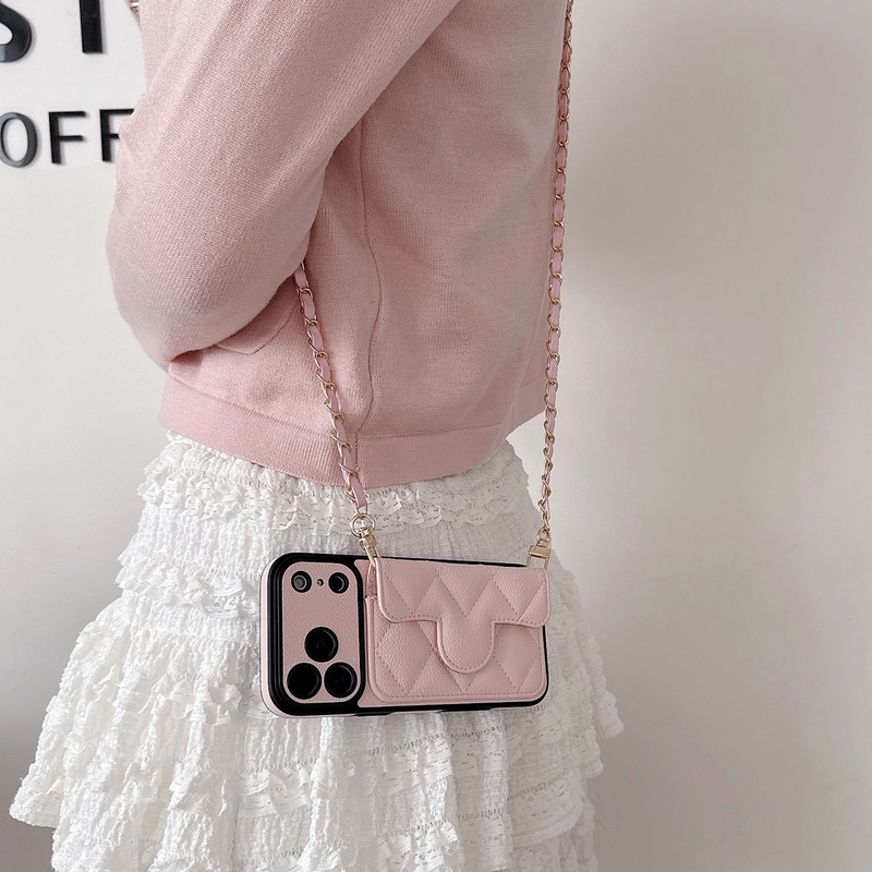 Chanel-Style Quilted Card Holder Full Cover Case for Apple 17, Fashionable Phone Case with Crossbody Strap, Trendy iPhone 16 Pro, Japanese, Korean, British Style, Cute Girl Style, 15 Pro Max Protective Case, Shockproof