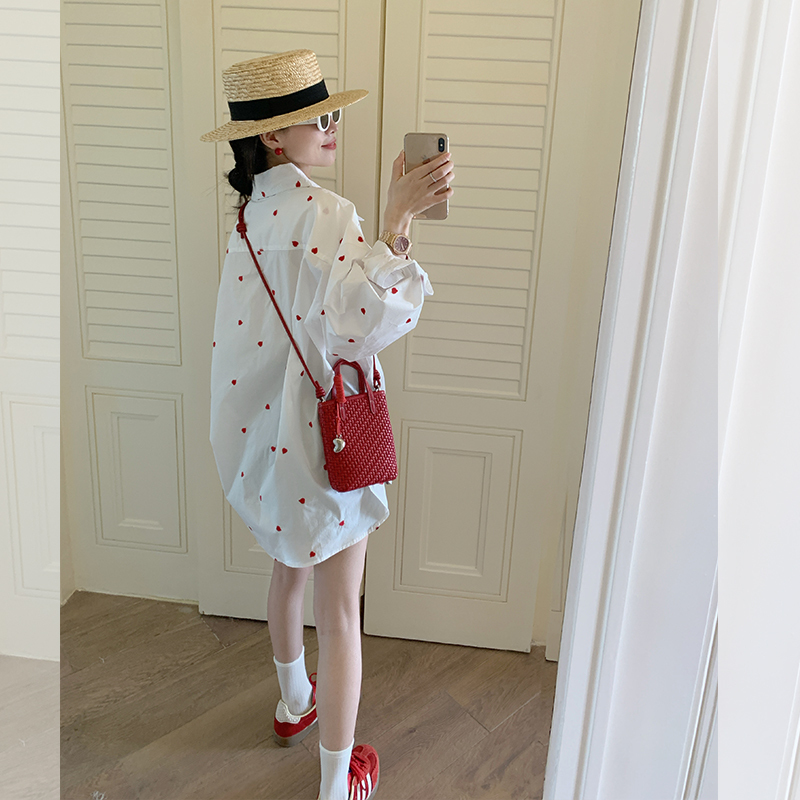 Jinsuyi Red Heart Embroidery Oversized Shirt for Women 2026 Spring/Summer Korean Style White Long Sleeve Shirt Thin Jacket Jinsuyi Red Heart Embroidery Oversized Shirt for Women 2026 Spring/Summer Korean Style White Long Sleeve Shirt Thin Jacket