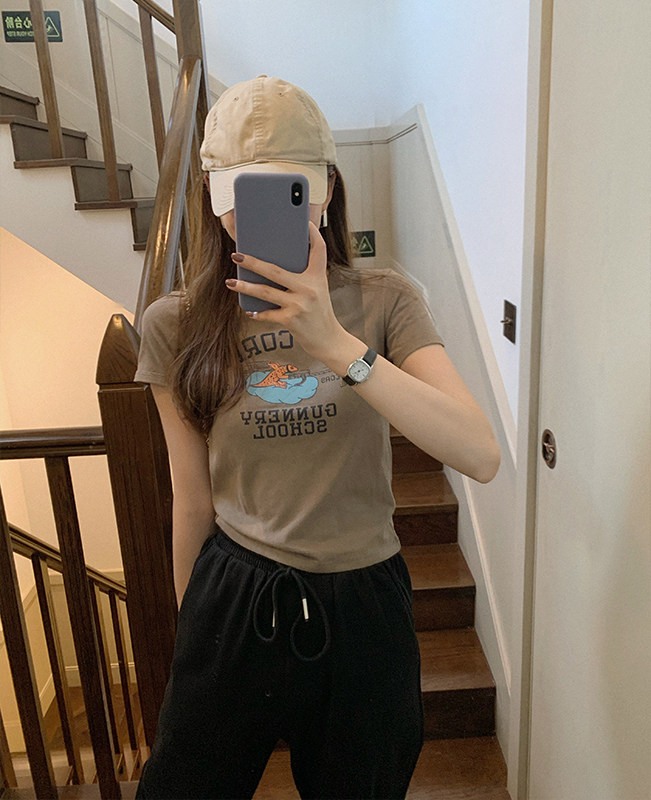 Jin Suyi short T-shirt women's 2022 summer Korean version casual all-match cartoon print short top chic short-sleeved tide