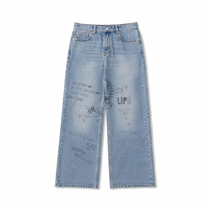 Jeuje26Ss Washed Graffiti Denim Jeans Graffiti Print Washed Jeans
