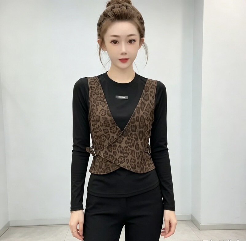 Exclusive for the Royal Concubine: 2026 Autumn New Fashion Versatile Slim-Fit Leopard Print Vest with Spliced Base Shirt 7207