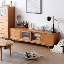Nordic solid wood TV cabinet coffee table combination Japanese living room small apartment simple log color cherry wood style furniture