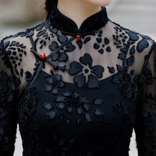 高档长款七分袖改良版植绒旗袍修身女黑色中国风老上海日常妈妈装