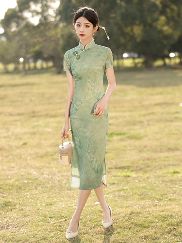 Легкое элегантное летнее ципао, светлый стиль, 2025 года, китайский стиль, короткий рукав