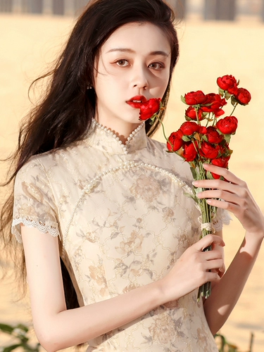 Легкое кружевное летнее ципао, короткий рукав