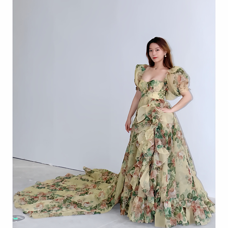 Selkie Ocean 2026 Spring Colorful Rose Print Trailing Gown Dress Yi Nengjing Women