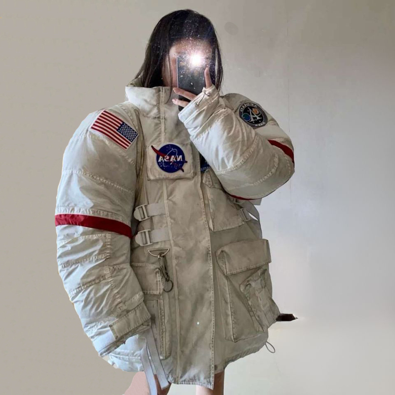 2025 Autumn and Winter Nasa Printed Loose Thickened Unisex Astronaut Space down Jacket with Stand Collar Trendy Cool Coat