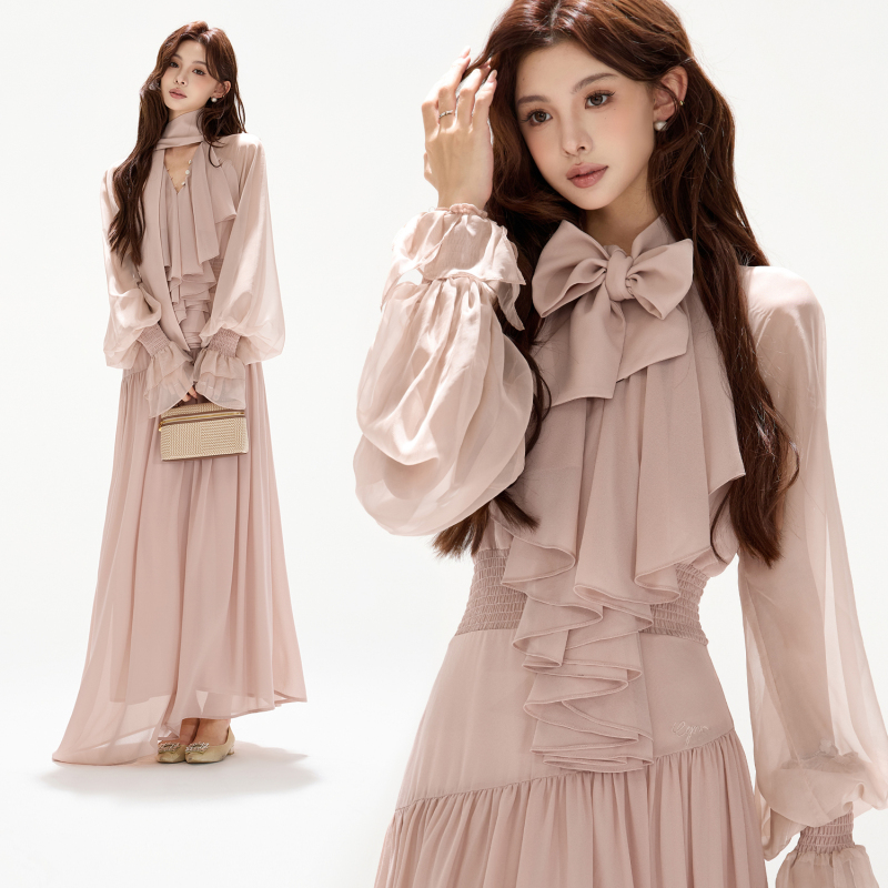 Cynr Original Design French Court-Style Chiffon Ribbon V Neck Lantern Sleeve Dress with Voluminous Hem and Waist-Cinching Long Skirt